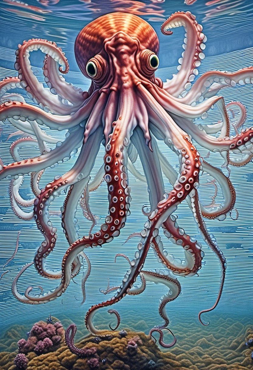 Colorful Octopus and Alien Fish in Magical Realism