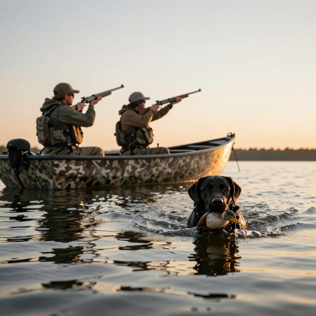 Black Lab Retrieves Duck Near Hunters in Boat