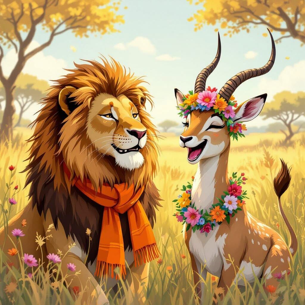 Savannah Friends: Lion and Antelope in Whimsical Style