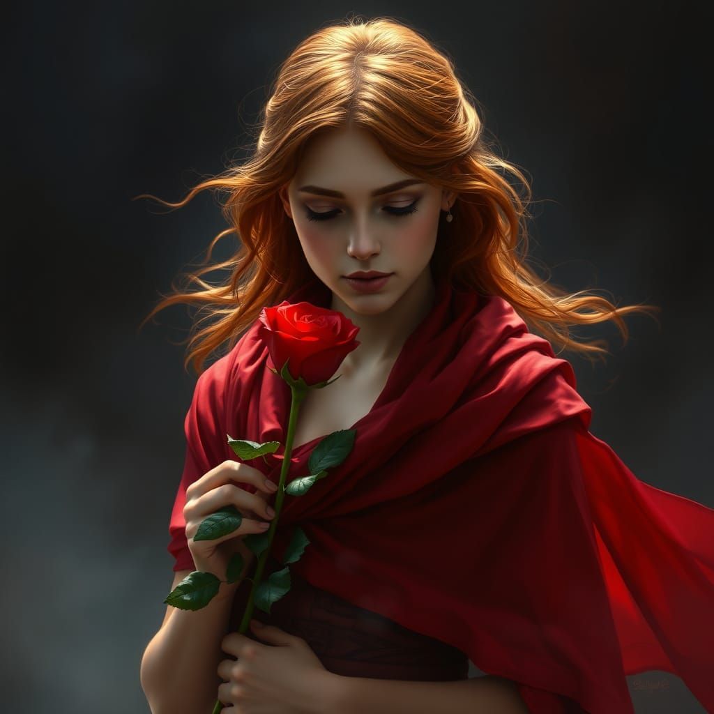 A young ginger woman with flowing auburn hair stands centrally, her gaze directed slightly downward, gently holding a vi...