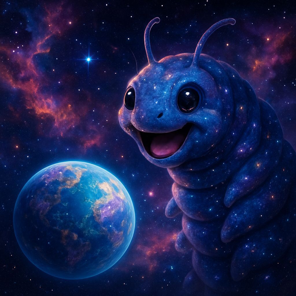 Celestial Caterpillar Gazing at a Beautiful Planet