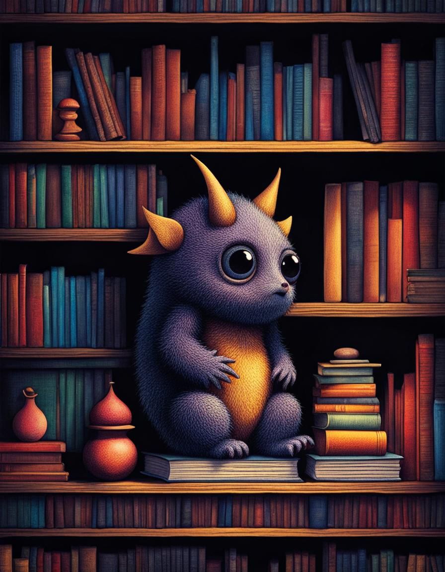 Cute Monster Perched on Bookshelf in 3D Art