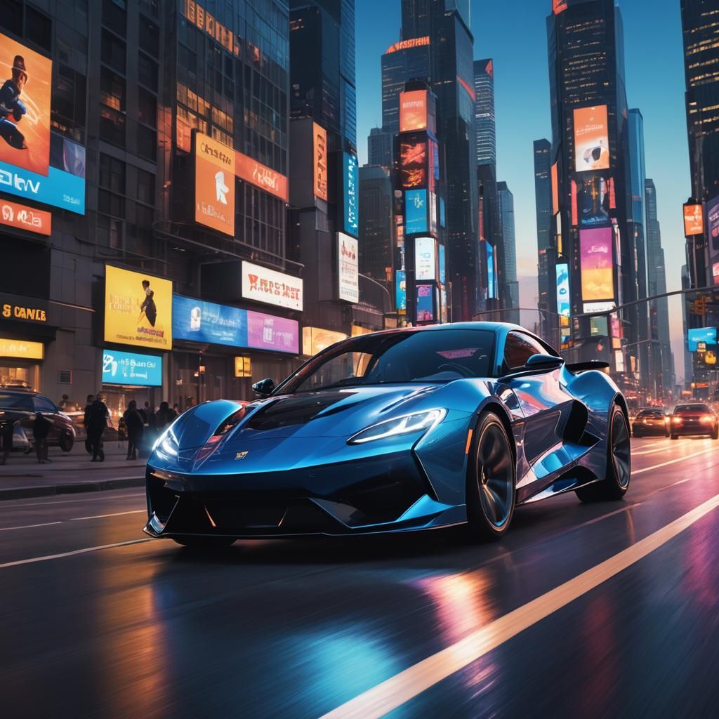 Futuristic Sports Car Speeds Through Neon Cityscape