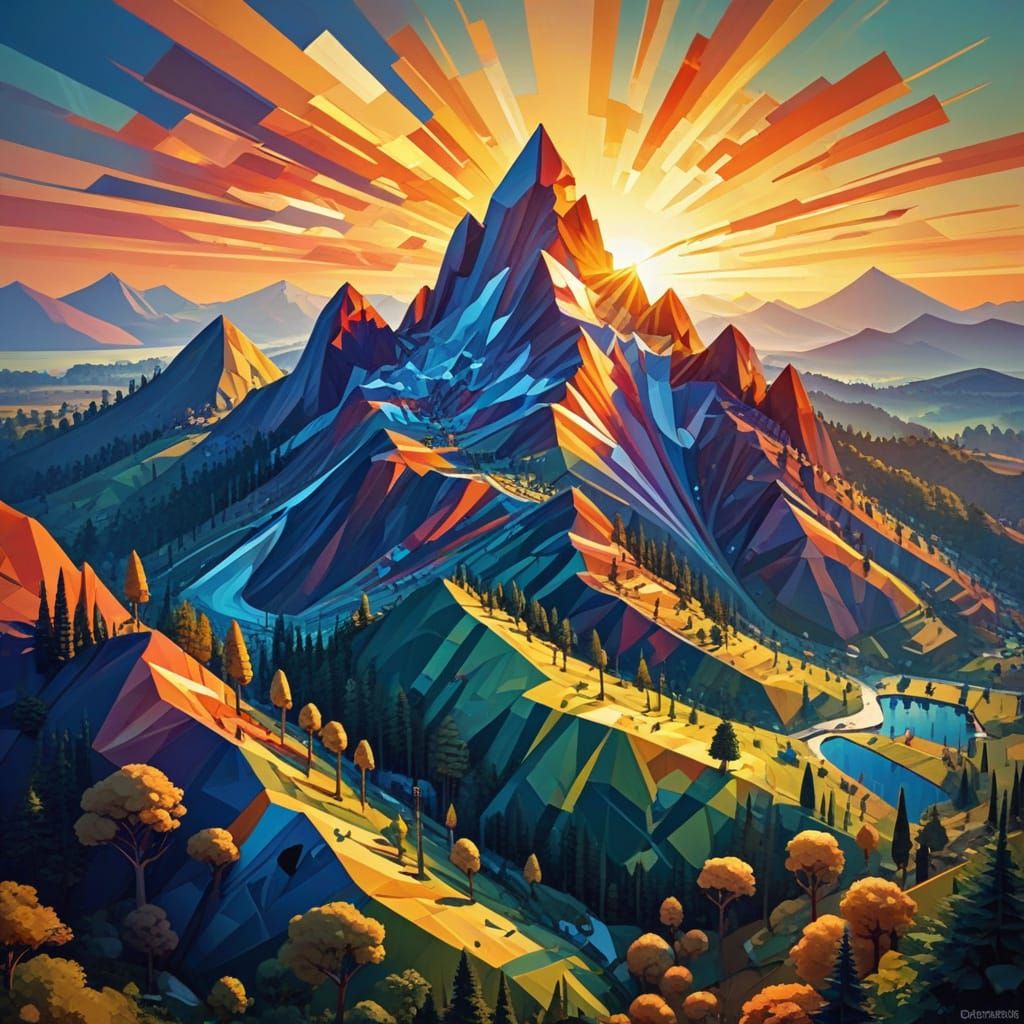 Abstract Cubist Mountain Landscape at Sunset