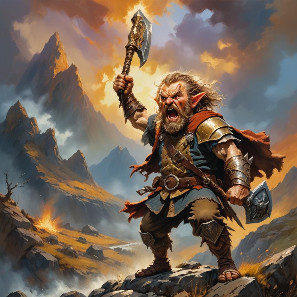 Victorious Hobbit Warrior in Oil Painting Style