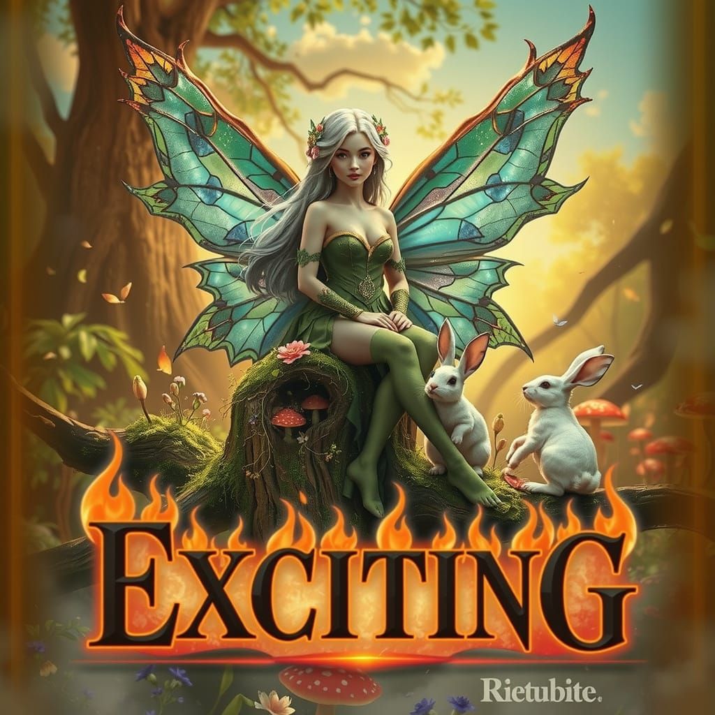 "EXCITING" in a 3D bold gothic fantasy medieval font, rendered in ORANGE metallic paint with metal flakes, outlined in b...