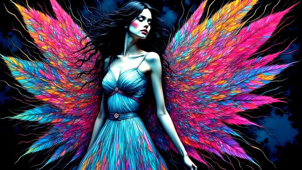 Psychedelic Fairy with Neon Swirls in Surreal Digital Art St...