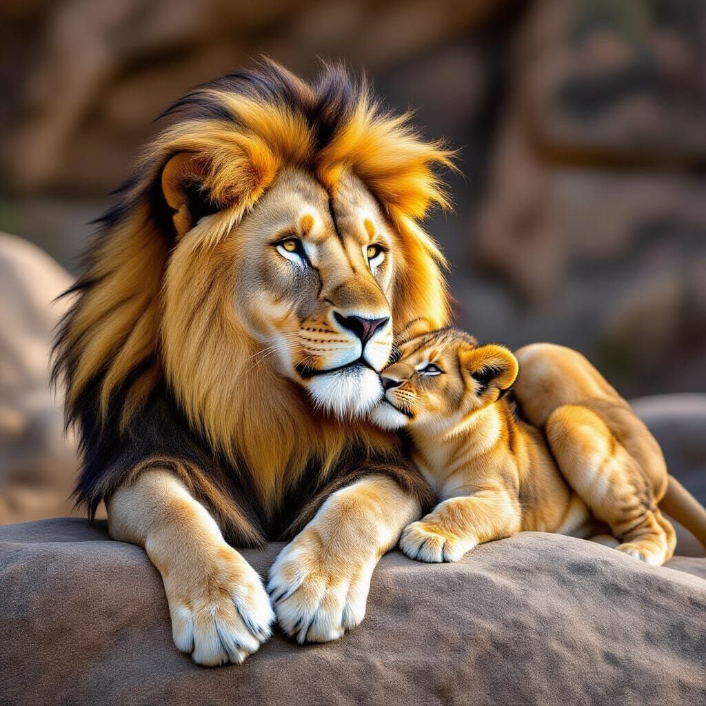 Majestic Lion and Cub in Golden Hour Wildlife Photo