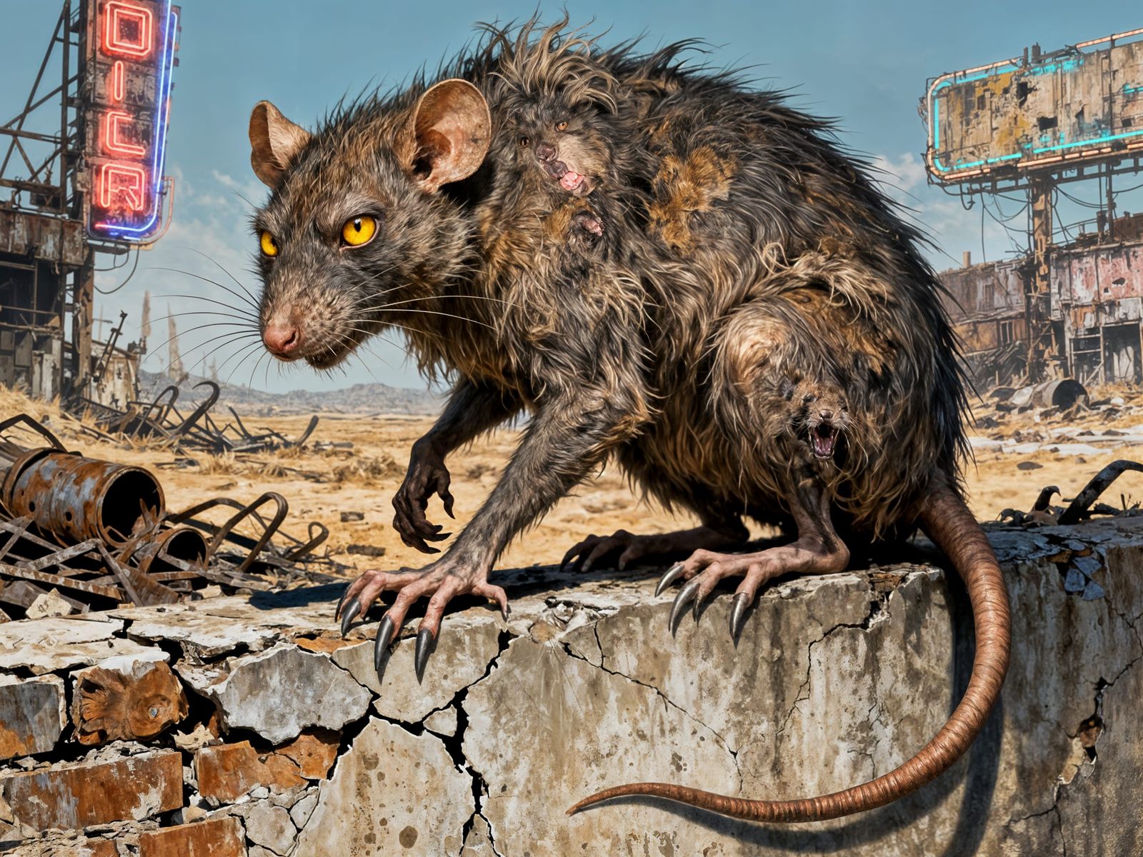 Mutant Rat atop Ruined Wall with Vicious Yellow Eyes
