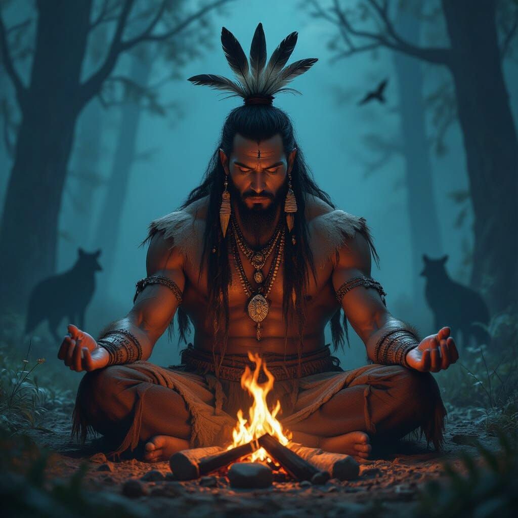 Mystical Shaman Meditating in Forest at Night