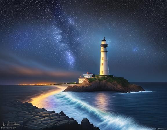 Lighthouse Under Starry Sky in Luminist Style