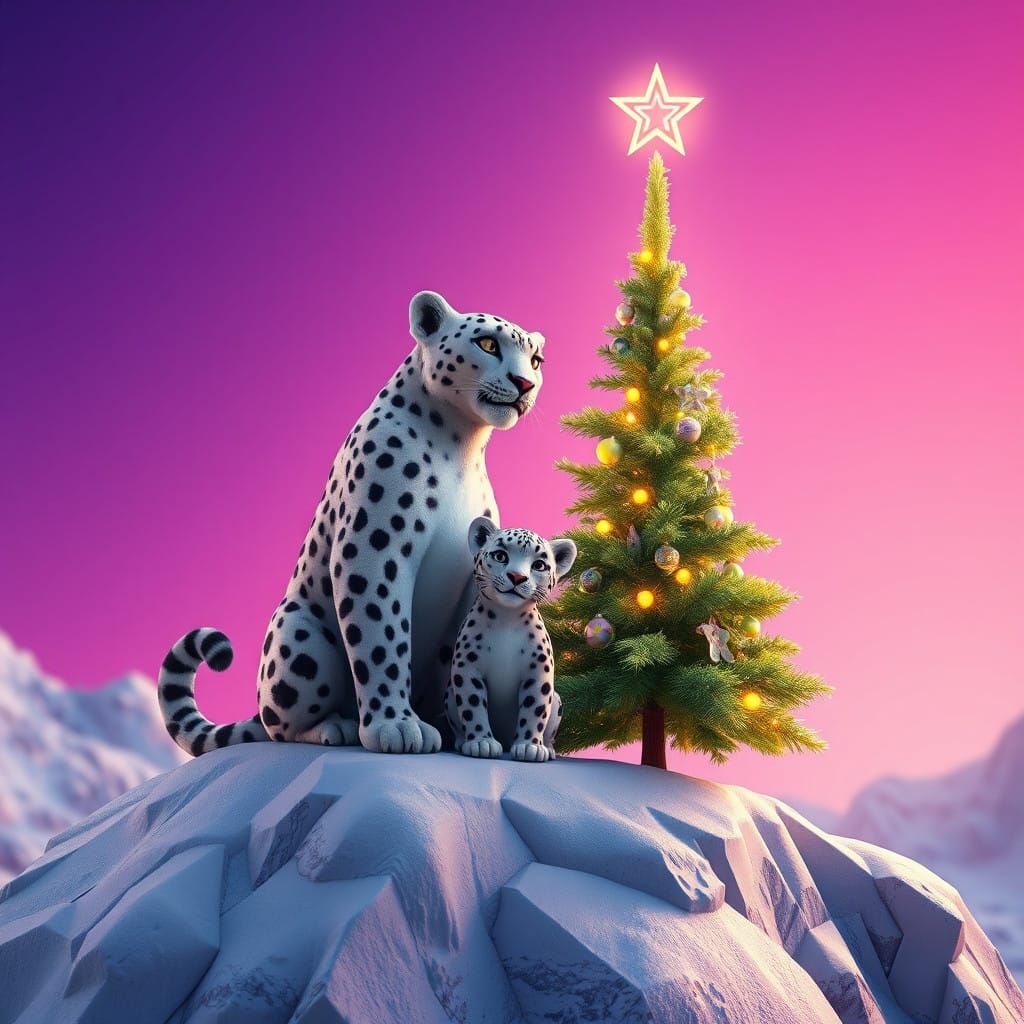 Snow Leopard and Cub Under Starry Mountain Christmas Lights