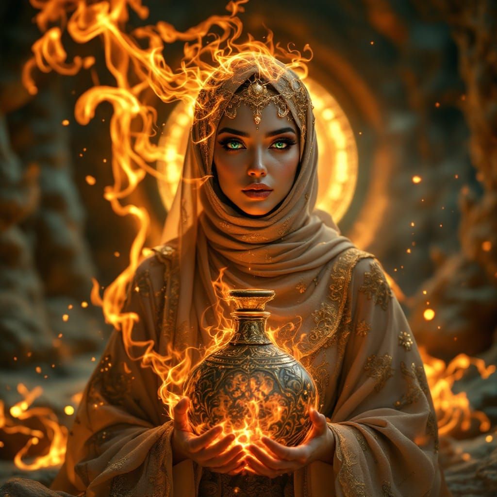 Mystical Hijabi Djinn in Fiery, Ornate Glory