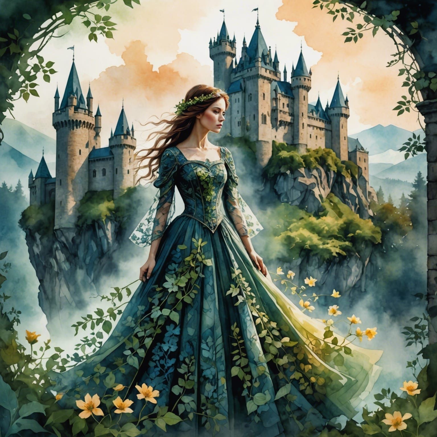 Fantasy Maiden in Greenery Dress, Watercolor Art