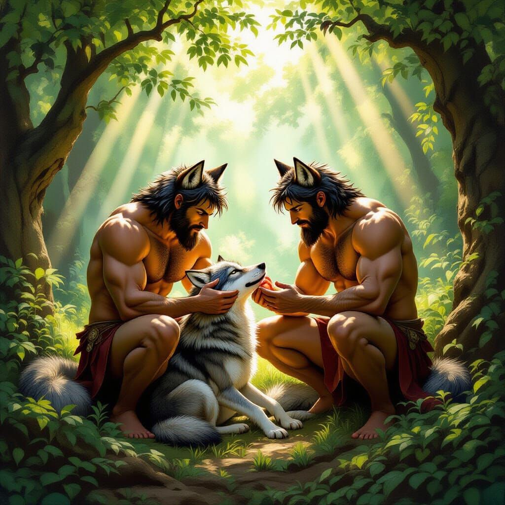 Romulus and Remus Suckled by Wolf in Renaissance Fresco Styl...