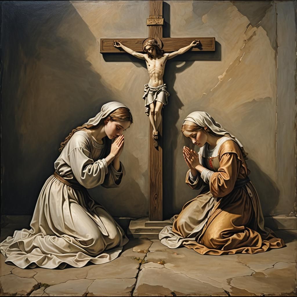 Girls Kneeling Before Cross in Renaissance Style