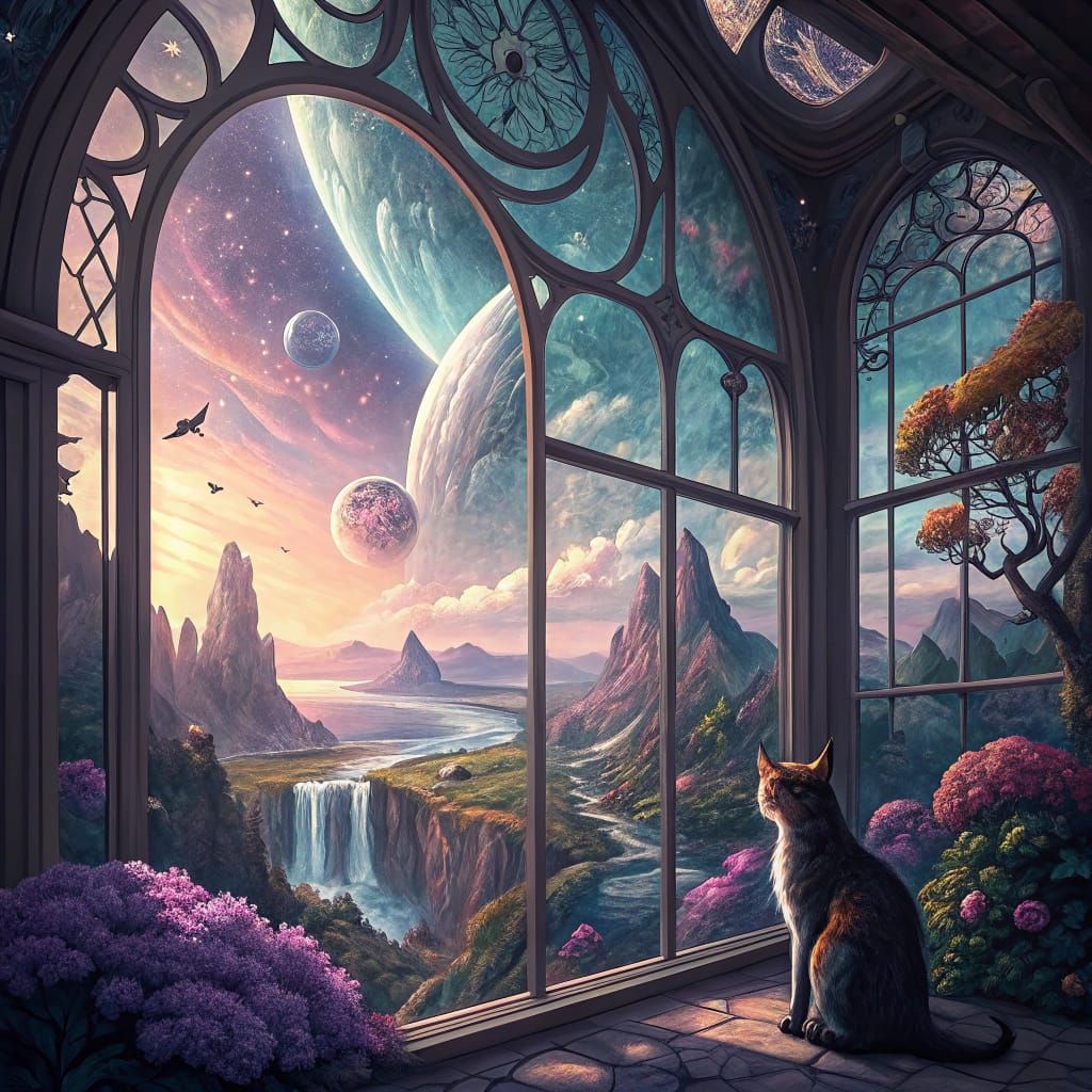 Intricate Fantasy Cat Paradise Through Ornate Glass Window