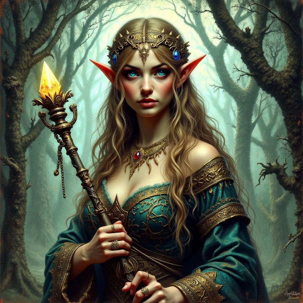 Detailed Elf NPC in Mystical Forest, Oil Painting Style