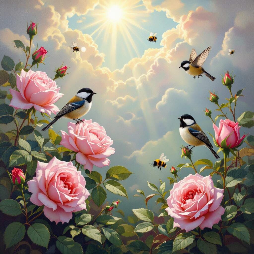Pre-Raphaelite Painting of Roses, Chickadees, and Bumblebees