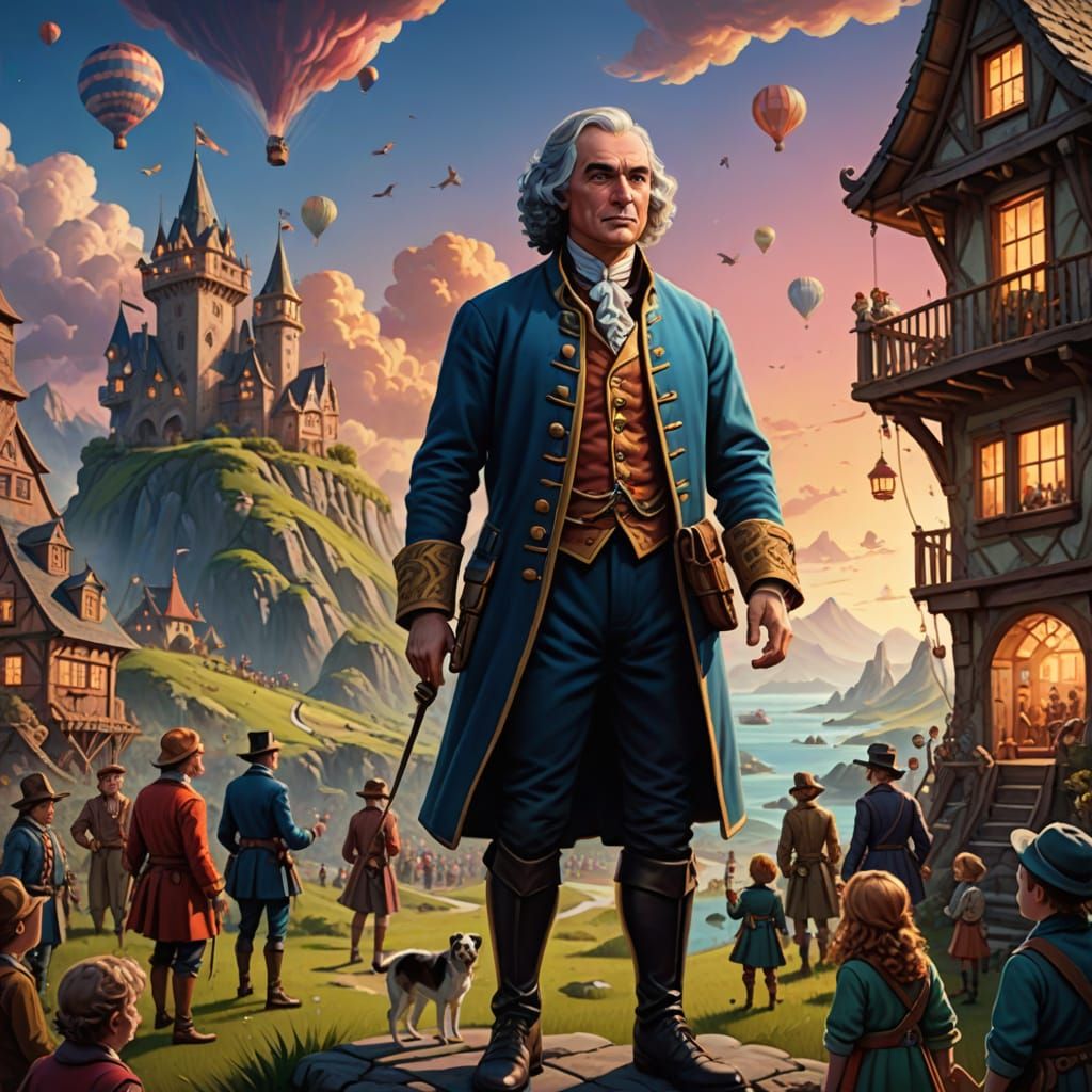 Lilliputians and Gulliver in Whimsical Fantasy Landscape