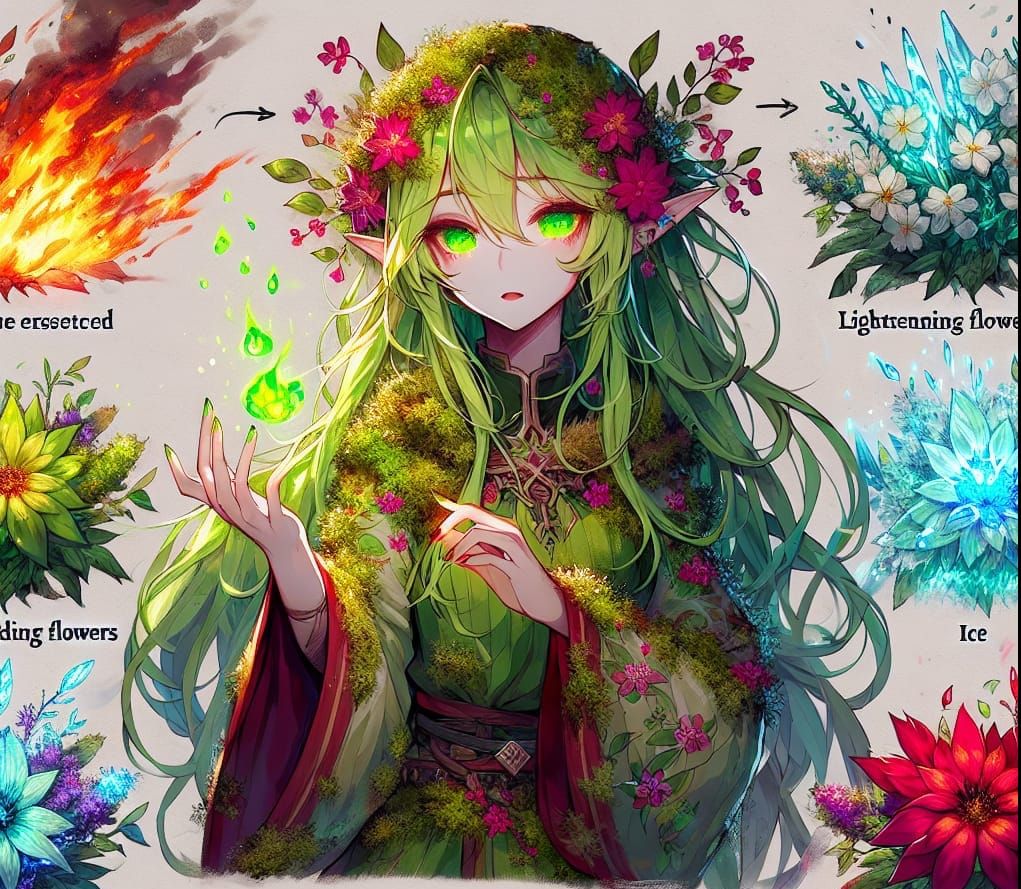 Anime Dryad Elementalist Invoking Flower Magic