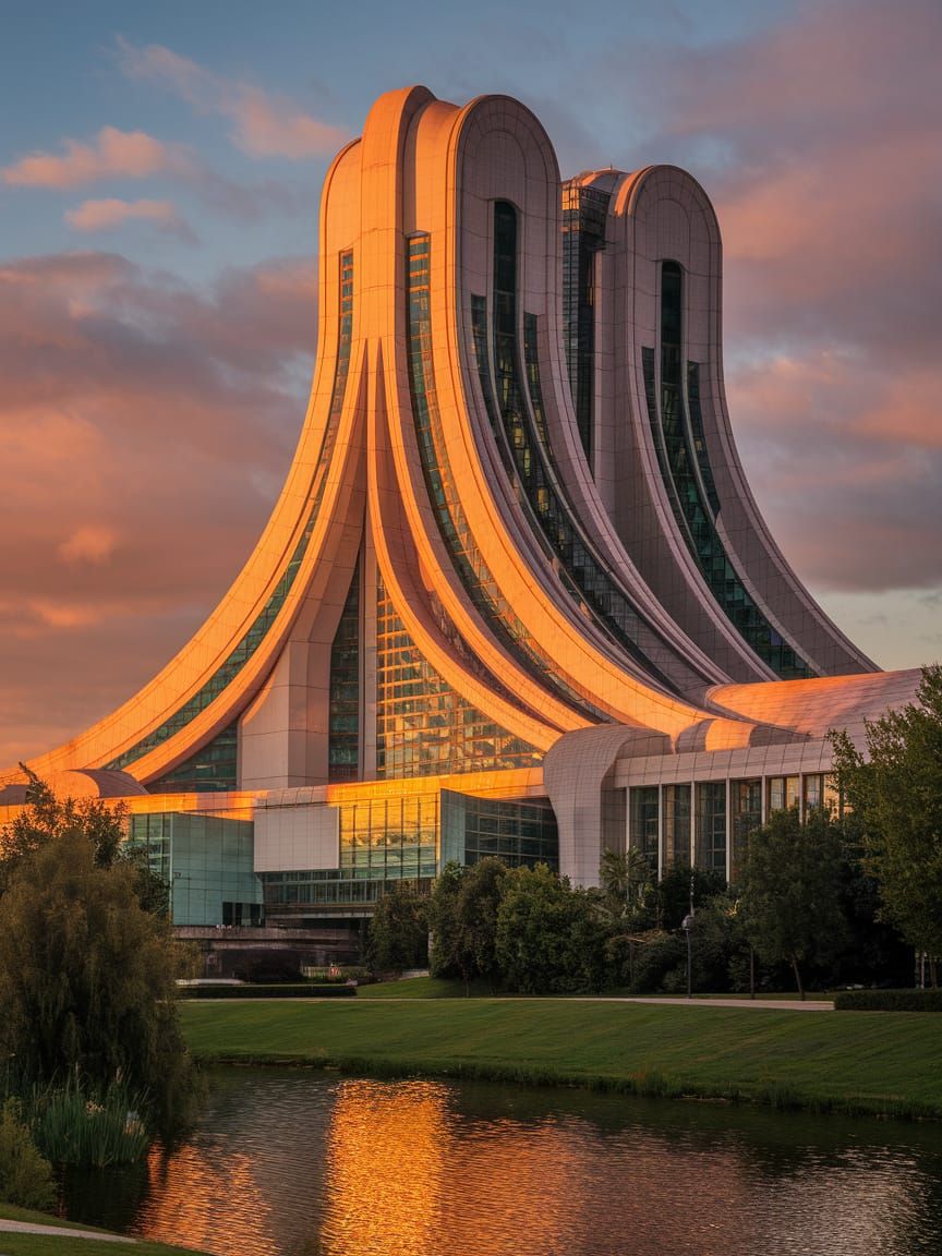 Neo-Futuristic Ardecó Building at Twilight