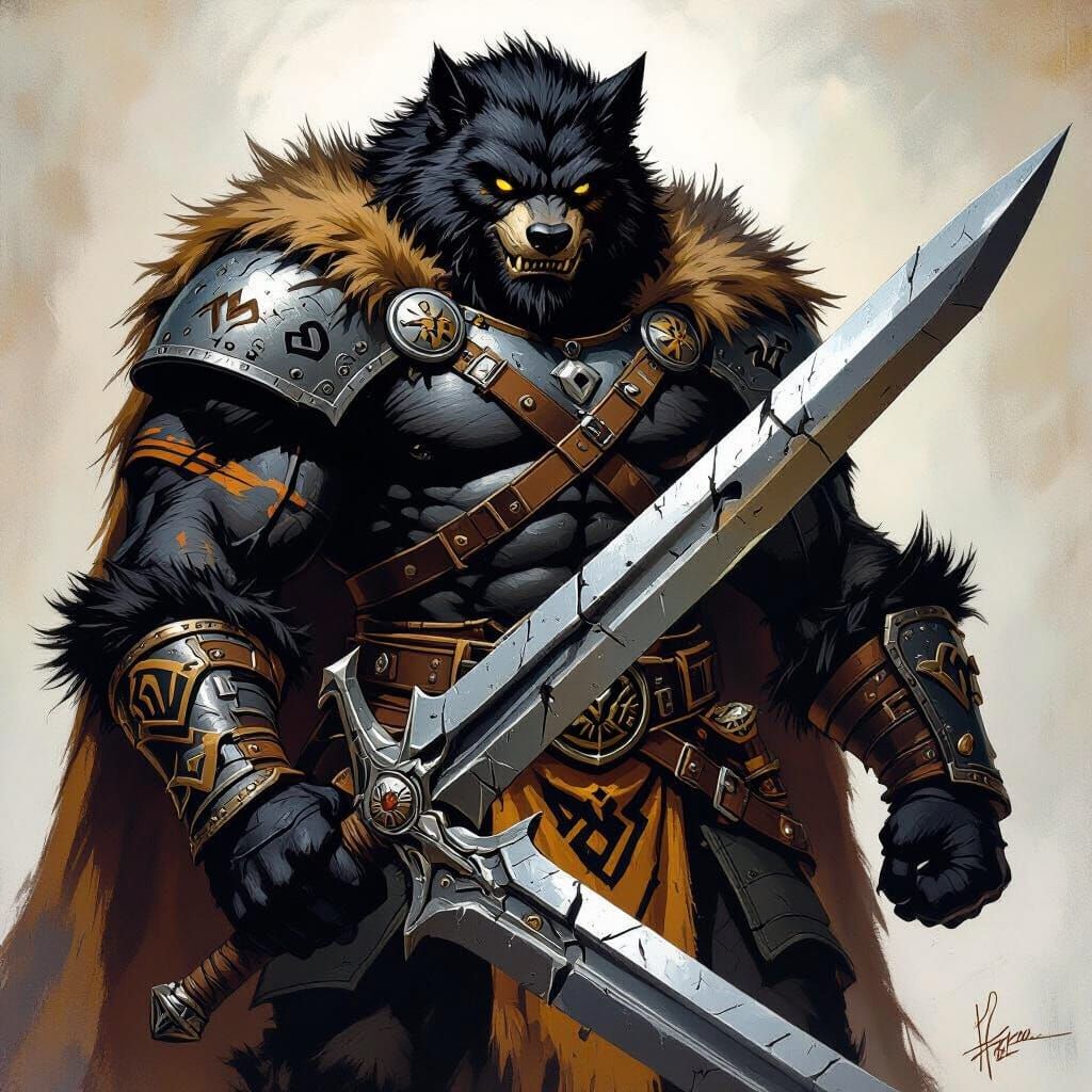 Bugbear Paladin with Greatsword, in Frazetta Style