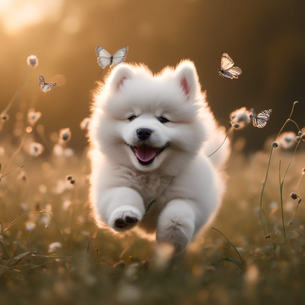 Samoyed Puppy's Butterfly Chase: Professional Photography