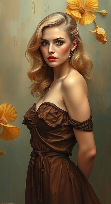 1950s Pin-Up in Mucha-Waterhouse-Tonalism Fusion