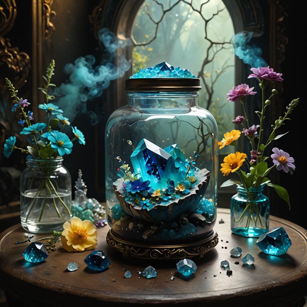 Luminescent Crystal in Jar, Surreal Illustration