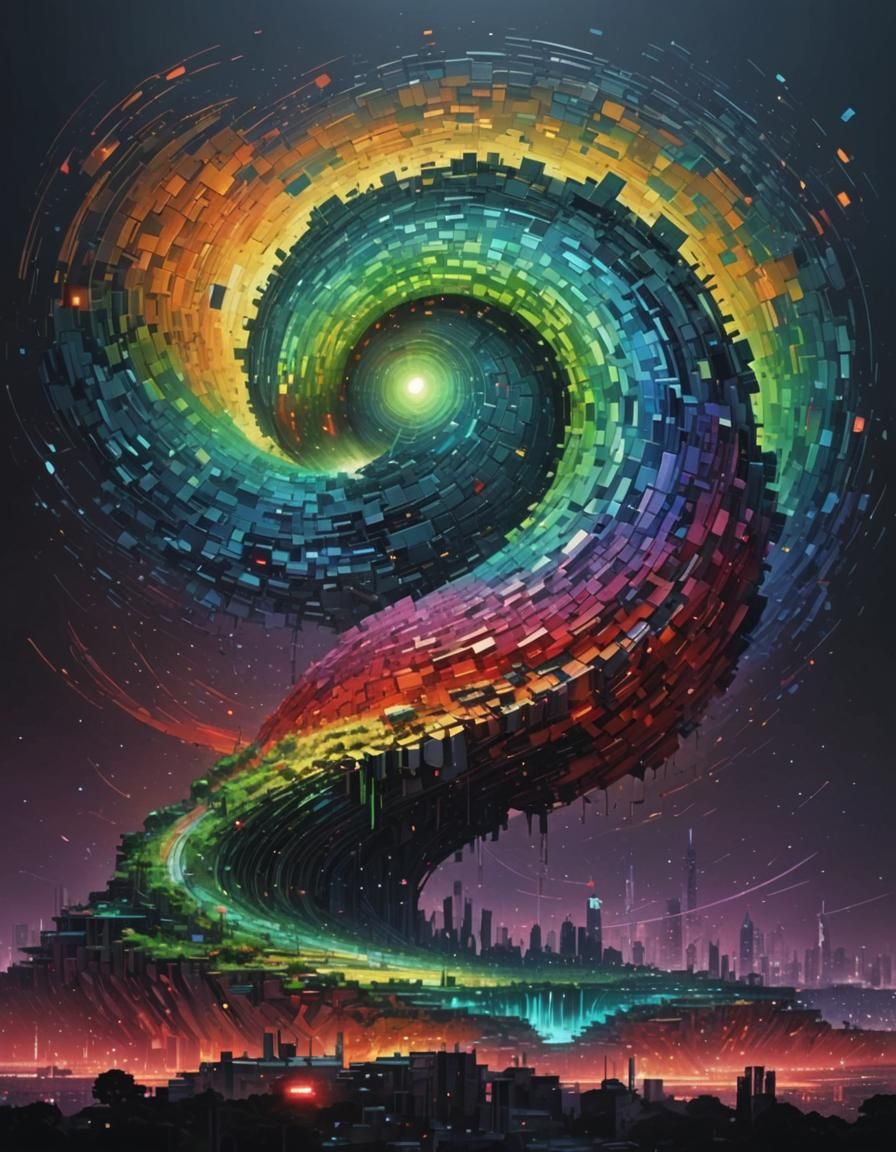 Pixelated Neofuturistic Landscape in Maximalist Style