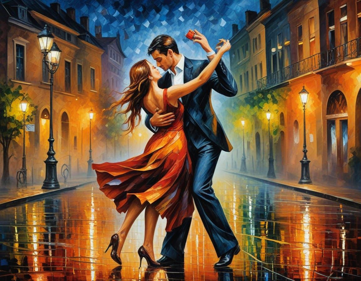 Romantic Tango Dancers in a Rainy City Square