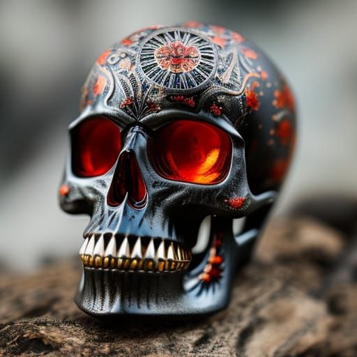 Intricate Chrome Skull in Volcanic Landscape