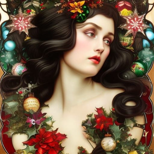 Irish Goddess Portrait in Art Nouveau Christmas Setting
