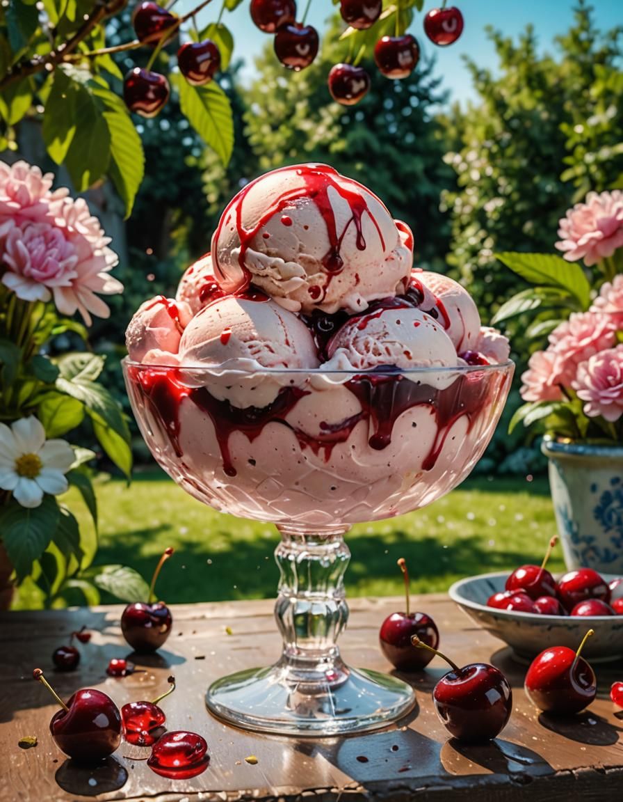Hyperrealistic Cherry Ice Cream in Garden Setting