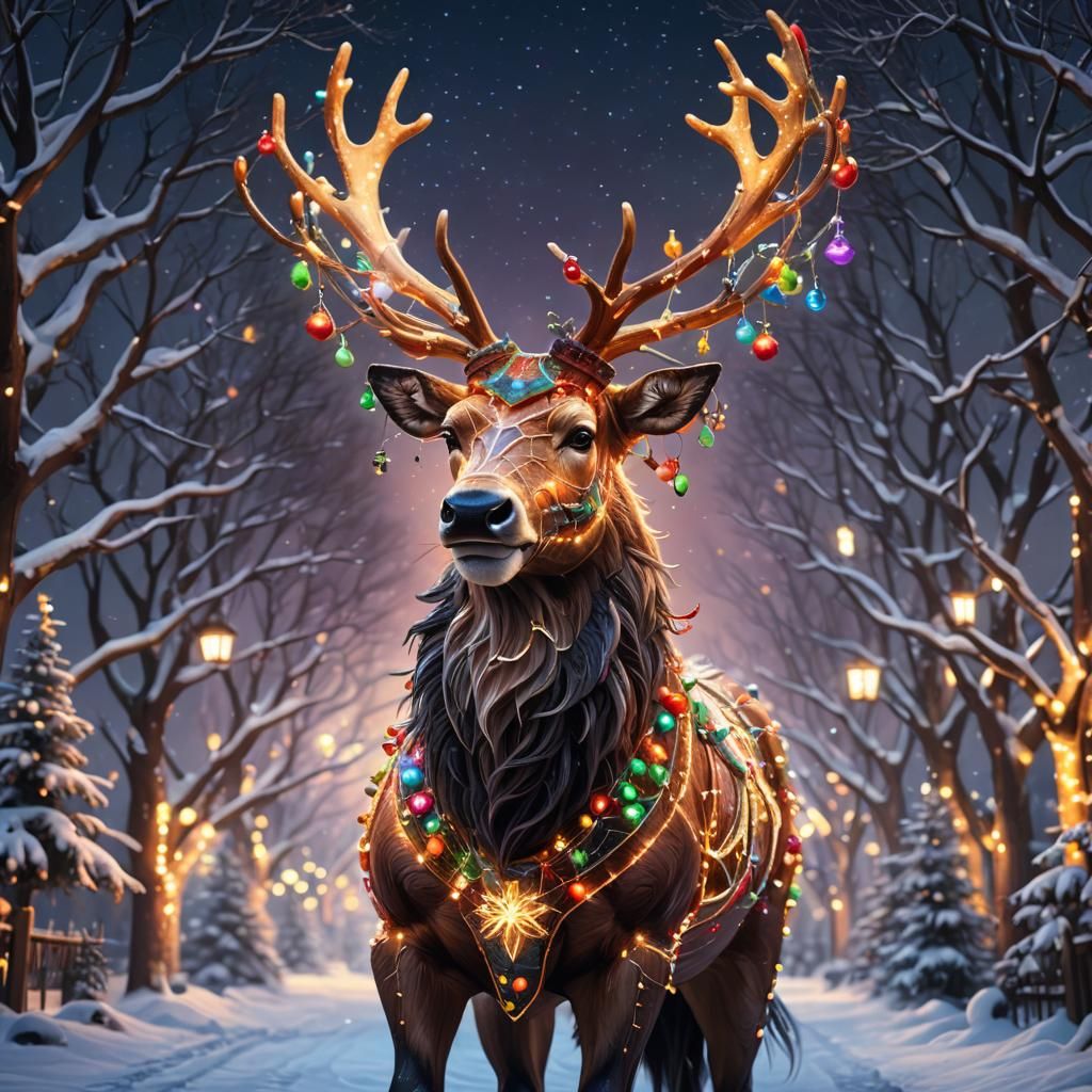 Stunning portrait of a big, Christmas inspired reindeer figu...