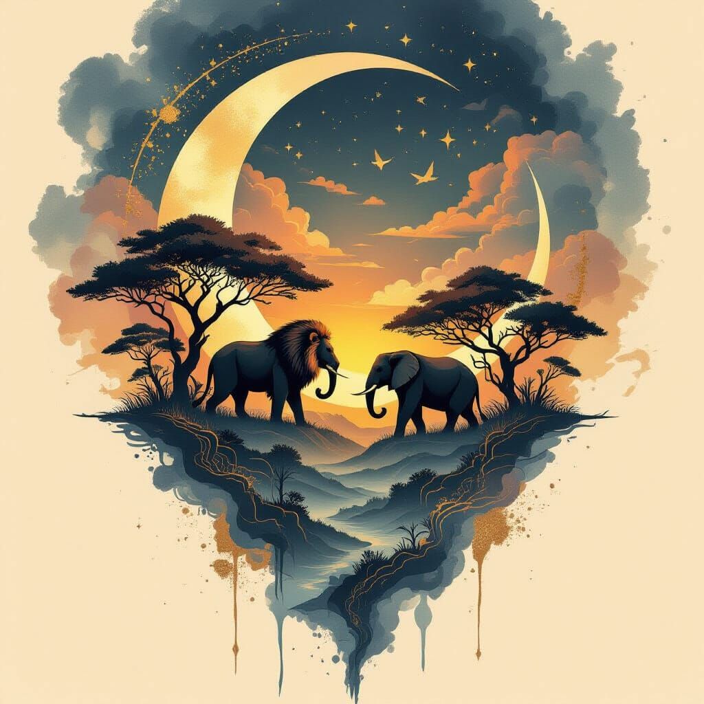 Abstract Tattoo Design with Savanna Moon and Gold Leaf