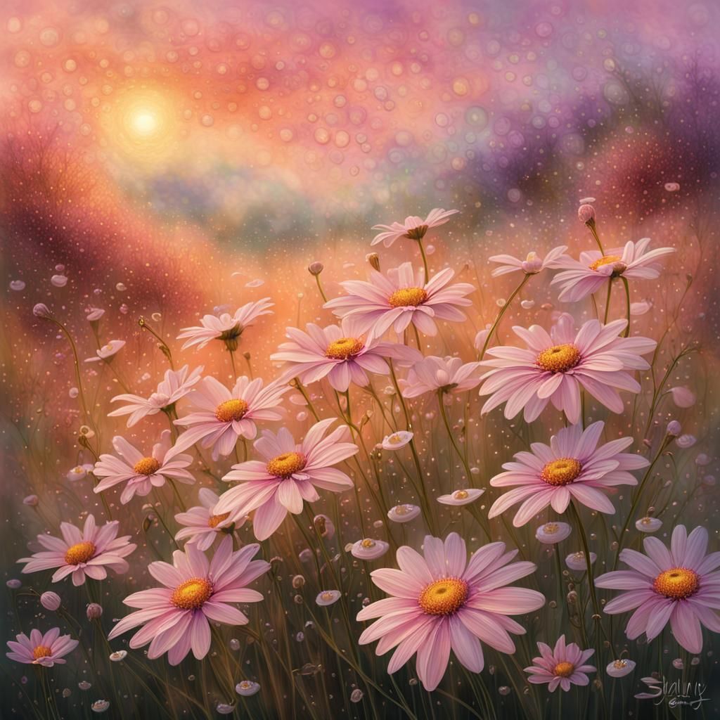 Iridescent Meadow of Pink Daisies in Dreamy Art Style