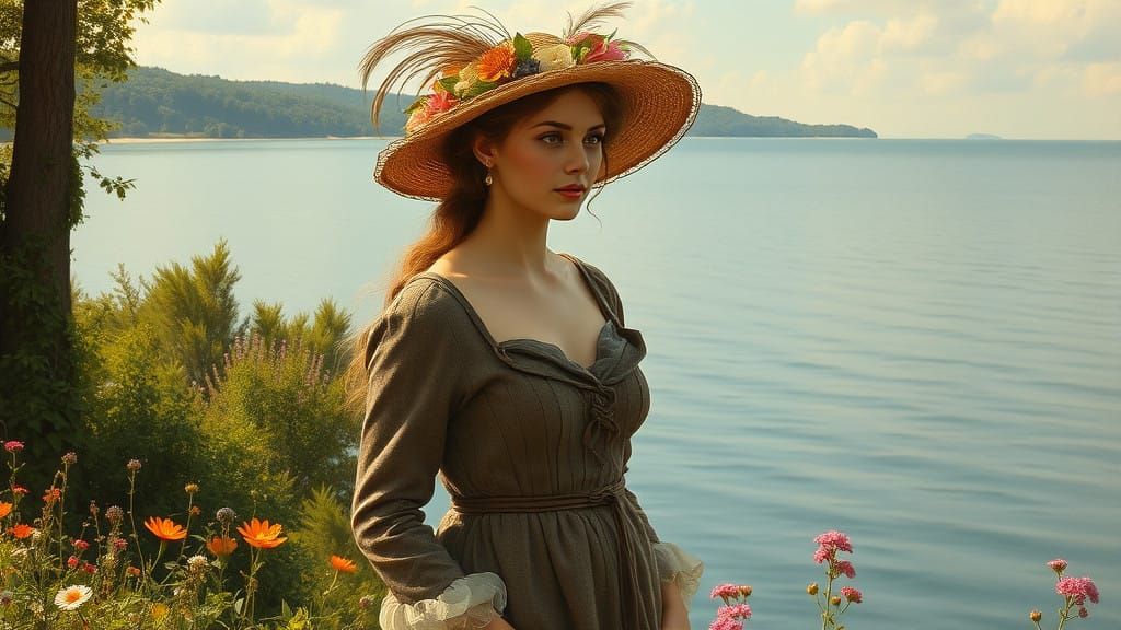 Victorian Bathing Belle in Dreamy Lakeside Scene