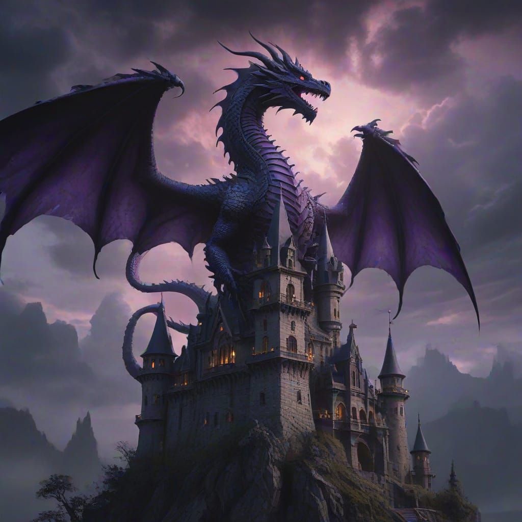 Colossal Dragon Coiled on Gothic Castle Spire in Watercolor