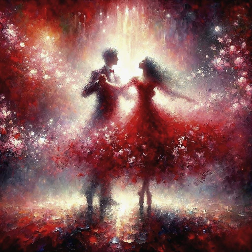 Expressionist Couple Dancing in Crimson Light