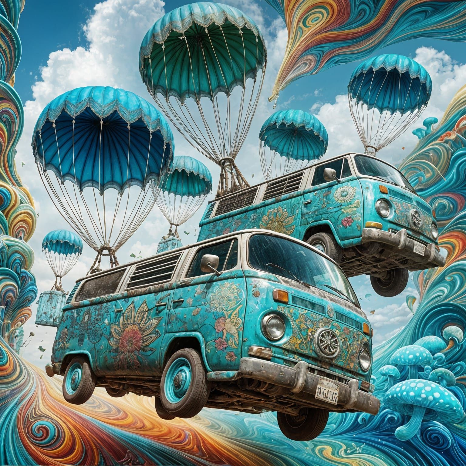 Vintage Vans Parachuting in Psychedelic Sky