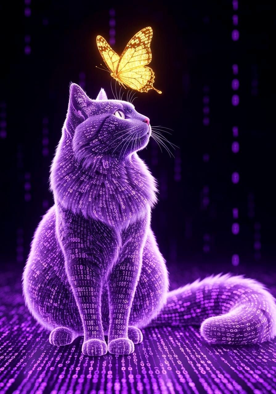 Elegant Binary Cat With Golden Butterfly