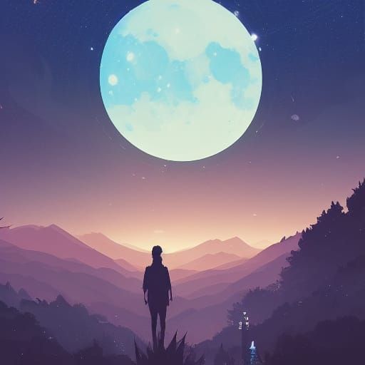 Giant Blue Moon Over Landscape in Anime Style