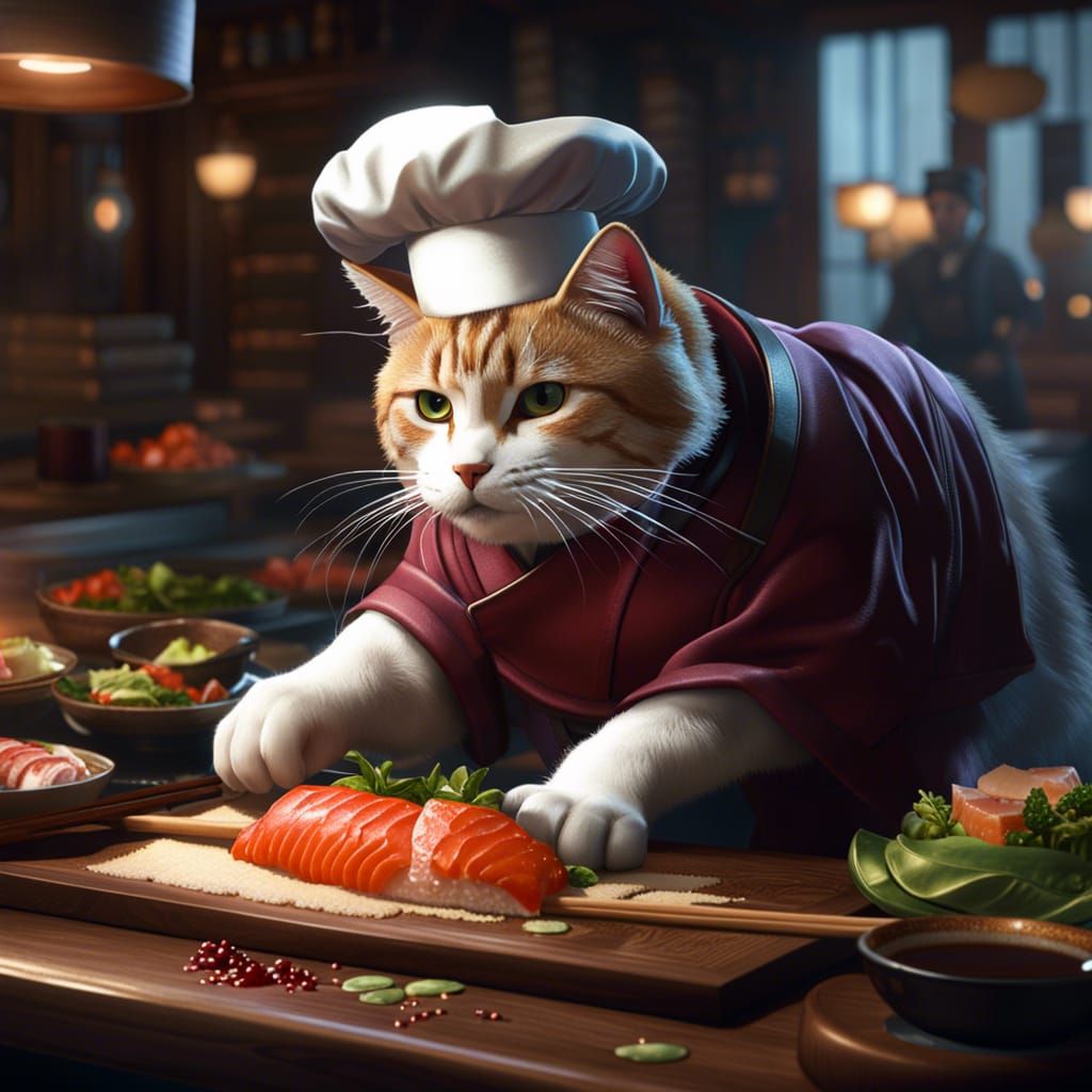 Chef Cat Prepping Sushi: Fantasy Concept Art
