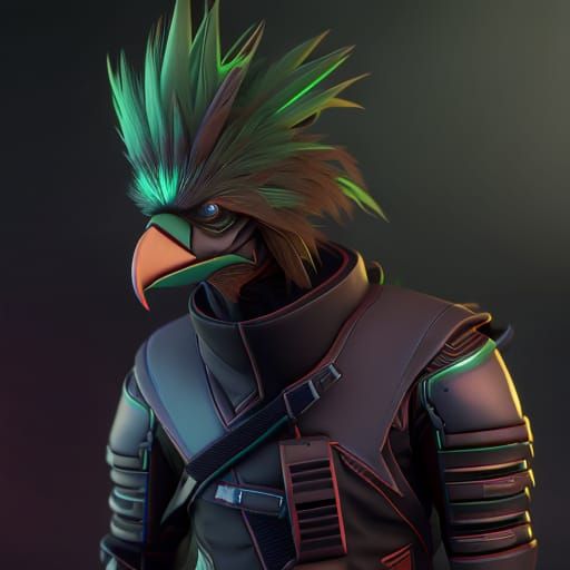 Anthropomorphic Rooster Hacker in Cyberpunk Style