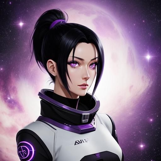 Anime Space Girl with Black Hair and Purple Eyes