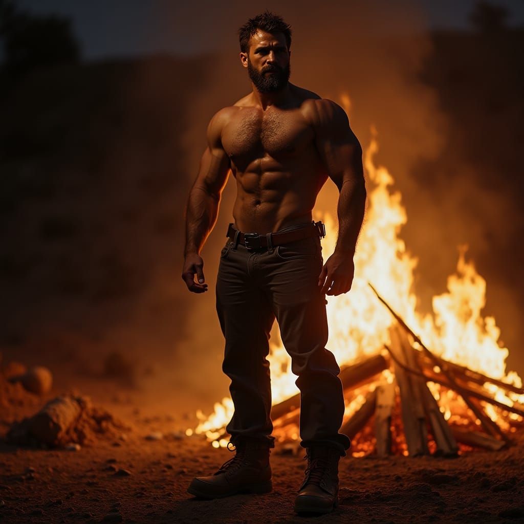 Muscular Man Near Fire in Photorealistic Style