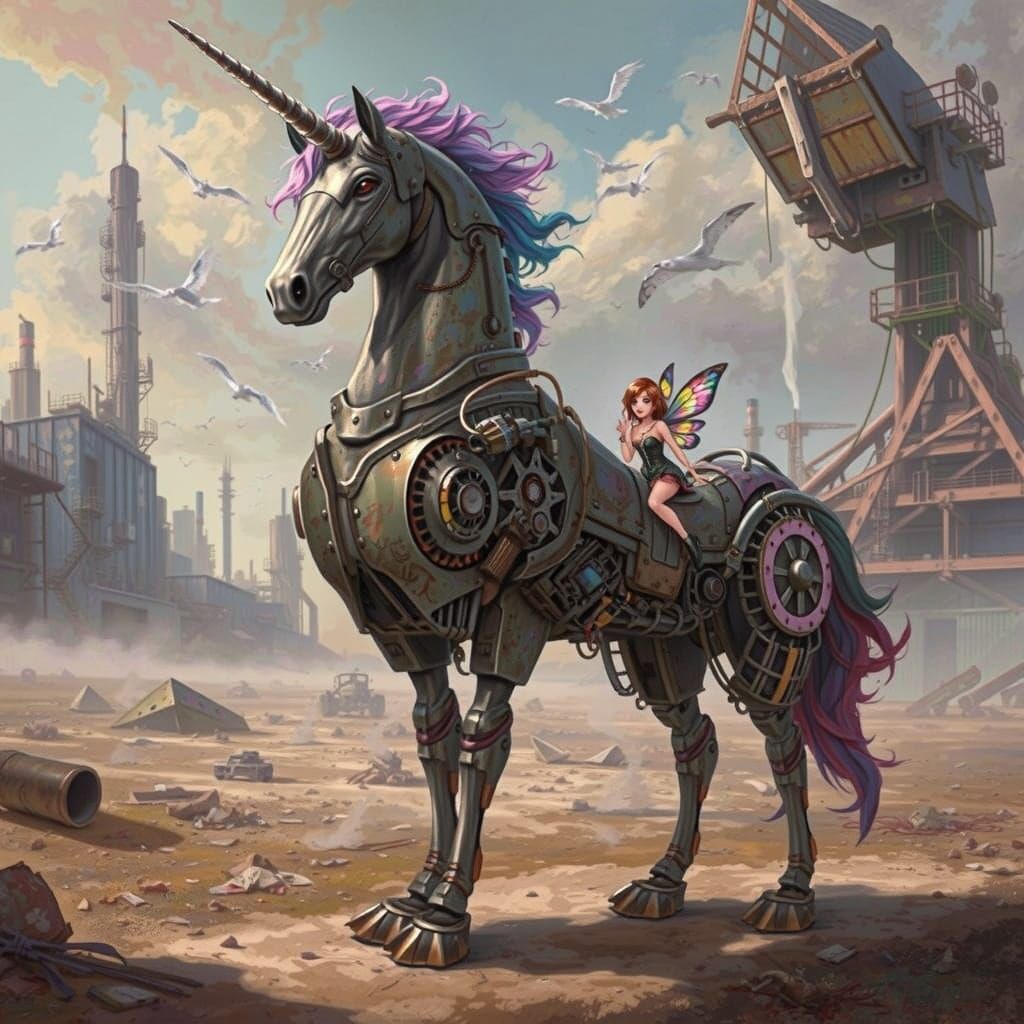 Fairy Rides Trashpunk Robot Unicorn in Post-Apocalyptic Wast...