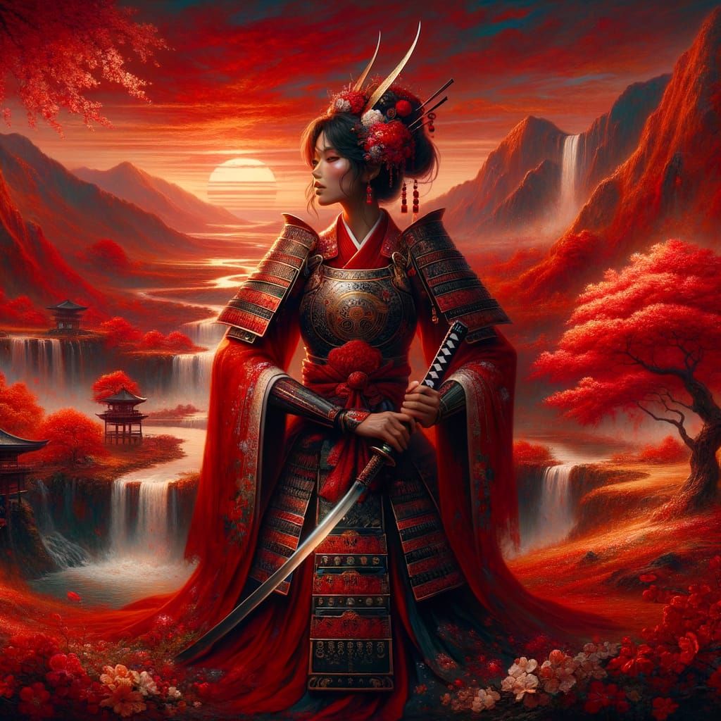 Elegant Female Samurai in Fiery Red Landscape